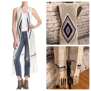 NWT Sequin Hearts Longline Knit Fringe-bottom Boho Vest S